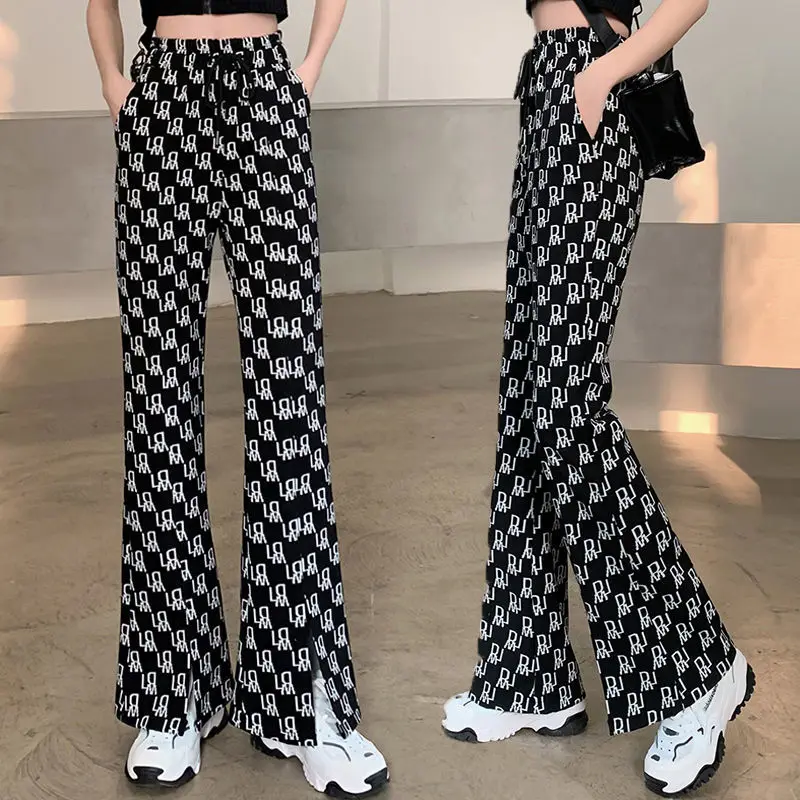 

Net Red Letter Wide Leg Pants Thin Split Flared Pants Flower Pants Women's Summer Drooping Small Casual Floor Pants