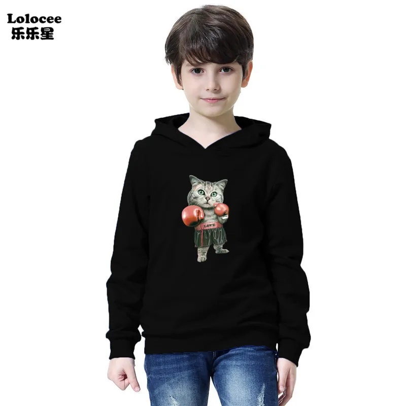 

2021 Spring 3D Fight Cat Design Sweatshirt Boys Girls Cool Animal Printing Pullover Long Sleeve Boxing Cat Hoodies Basic Coat