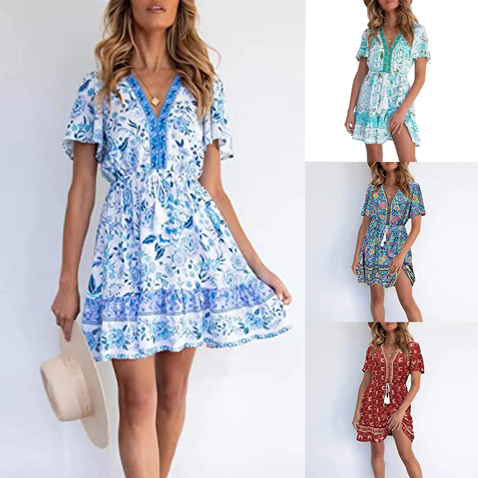 

casual dress women New summer V-neck sexy Bohemian print vestido short skirt women's wear ladies dresses streetwear