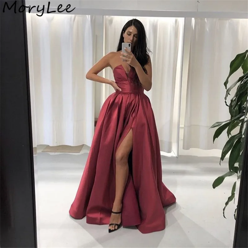 

Prom Dresses Burgundy Fancy V-Neck Sleeveless A-Line Side Slit Satin Prom Dresses With Zipper Back vestidos de fiesta de noche