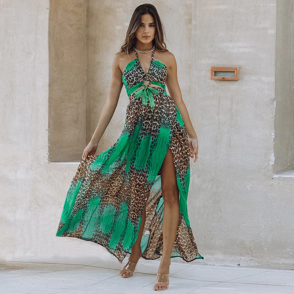 

Aniow Summer 2022 New Beach Sexy Long Maxi Dress Chiffon Leopard Print Halter Split Dresses Boho Sundress Holidays Vestidos