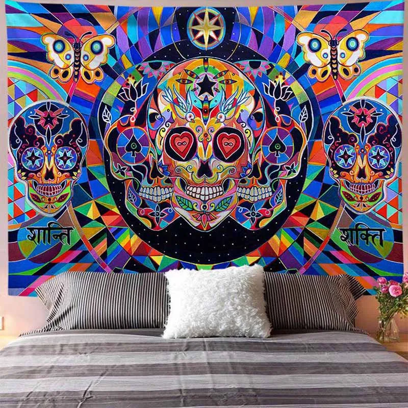 

Настенный гобелен с черепом в стиле бохо, цветочный хиппи, настенный гобелен, декор для общежития, Настенный Ковер, цветная мандала, психоде...