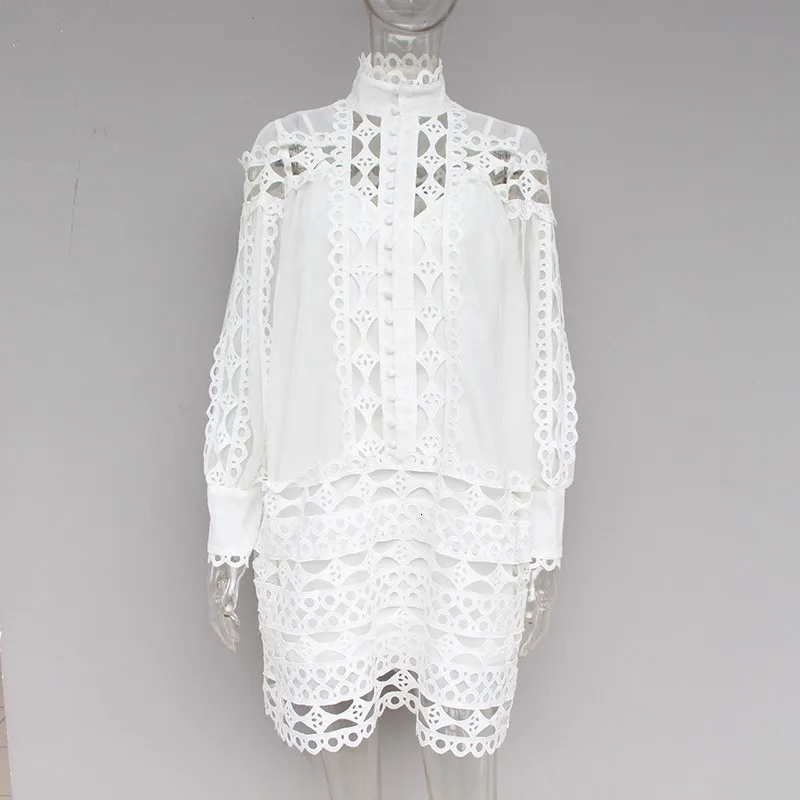 white TWOTWINSTYLE элегантное свободное белое кружевное платье-рубашка с длинным рукавом и фонариком Осенняя уличная одежда Модный комплект из двух предметов - Цвет: white