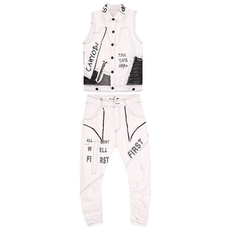

Women Patchwork Sleeveless Vest Top Jeans Pencil Pants Two Piece Set White Printed Mid Calf Fashion Slim Fit BF Style Outfits