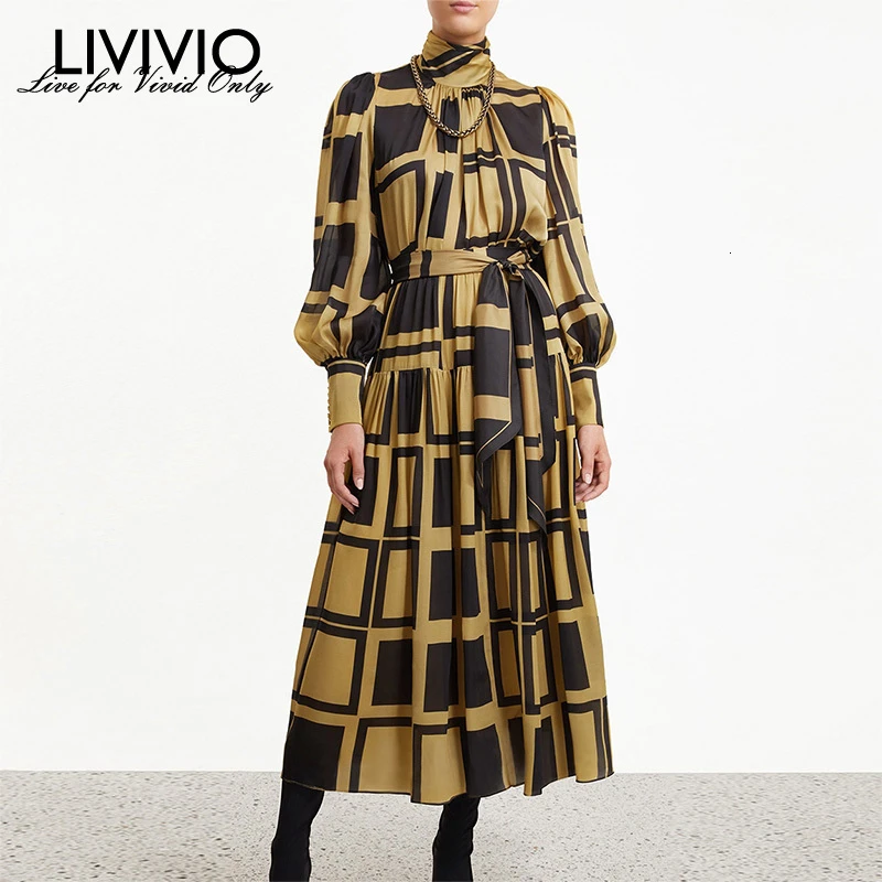 [LIVIVIO] клетчатые комплекты из двух предметов для женщин, водолазки рукав фонарик, блузка с длинными рукавами, высокая талия с поясом, миди юбки, костюмы