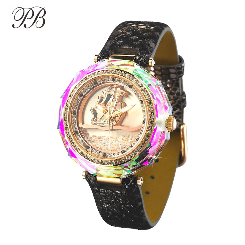PB Princess Butterfly clock Бренд Зыбучие Пески и Парусный Циферблат часы женские наручные Кристалл Роскошный Цвет Радуги Кварц Кожа
