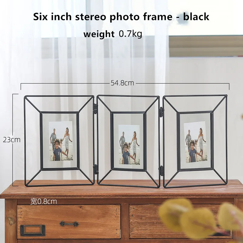 6 inch triple black Геометрическая металлическая Стеклянная фоторамка Складная Вращающаяся стерео стеклянная рамка для рабочего стола декоративная Персонализированная фотоальбом подарок - Цвет: 6 inch triple black
