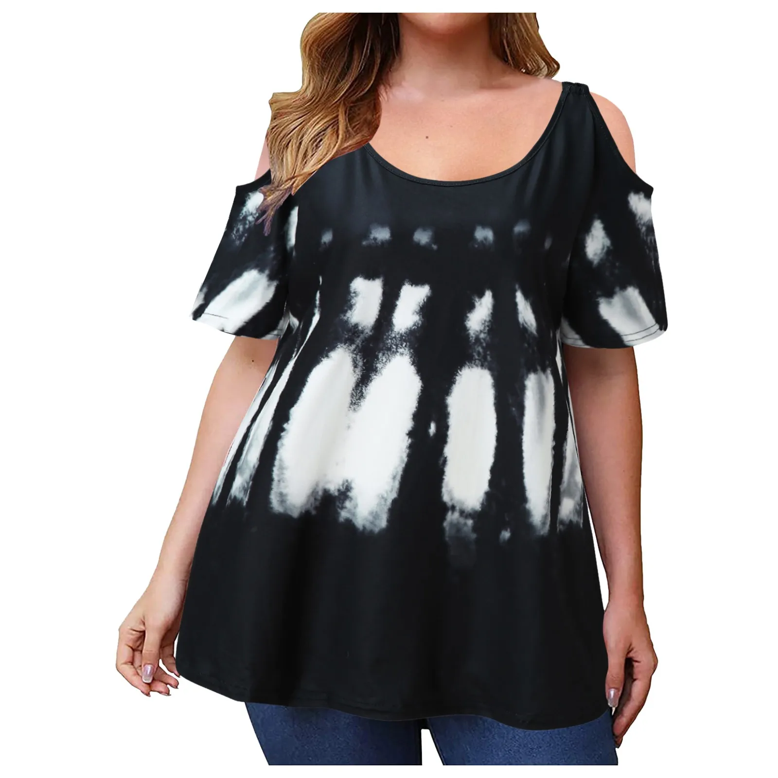 

57# Tie-dye Gradient Women Shirts Blouses Short Sleeve Summer O-neck Flowy Tunic Top Camisa Femenina Pullover Bluzki Damskie