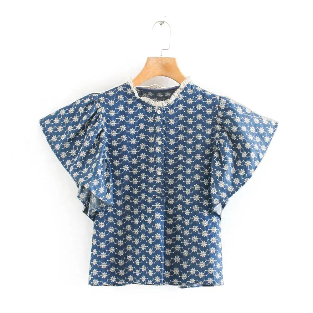 Женская футболка с оборками Za синяя укороченная цветочным принтом | одежда