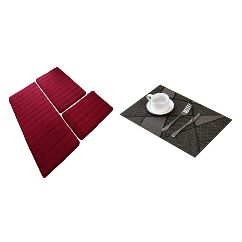 

6Pcs Europe Style Placemat Waterproof Decoration Mat Heat-Resistant Table Mat & 3X Coral Velvet Rug, Memory Foam Mat