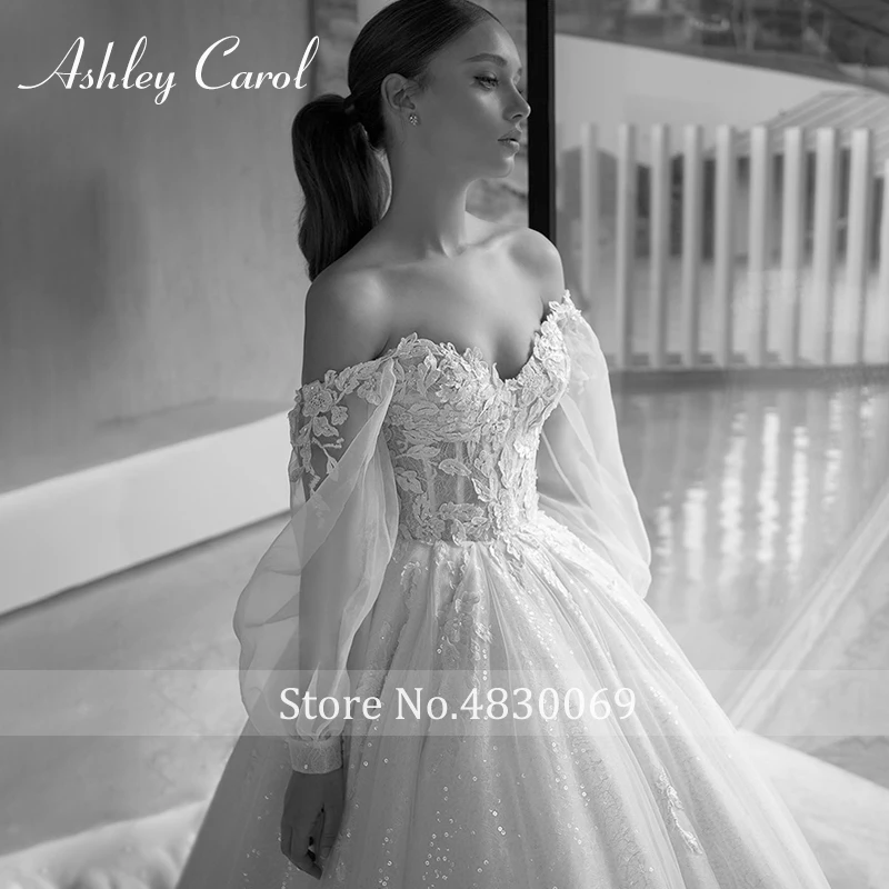 Ashley Carol бальное платье свадебное платье кружевной вырез лодочкой фонарь рукав корт поезд роскошное свадебное платье принцессы Vestido de Novia