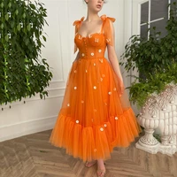 2021 orange prom dresses short flowers butterfly formal evening party dress bow tier straps tea length pageant homecoming gown