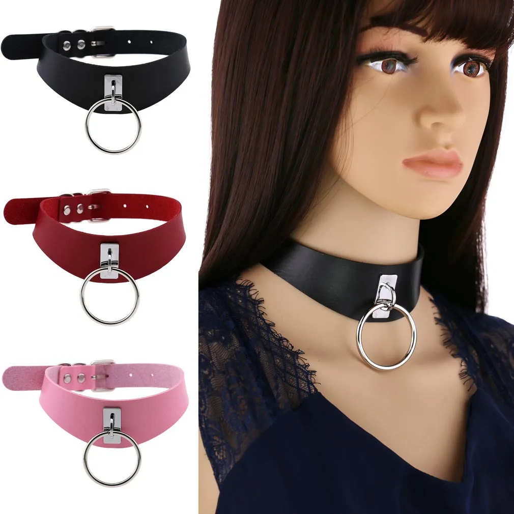 

O-Ring Women's Acoustic Pu Leather Collar Necklace Ladies Statement Gothic Punk Rock Metal Round Necklace Sexy Anime Party Jewel