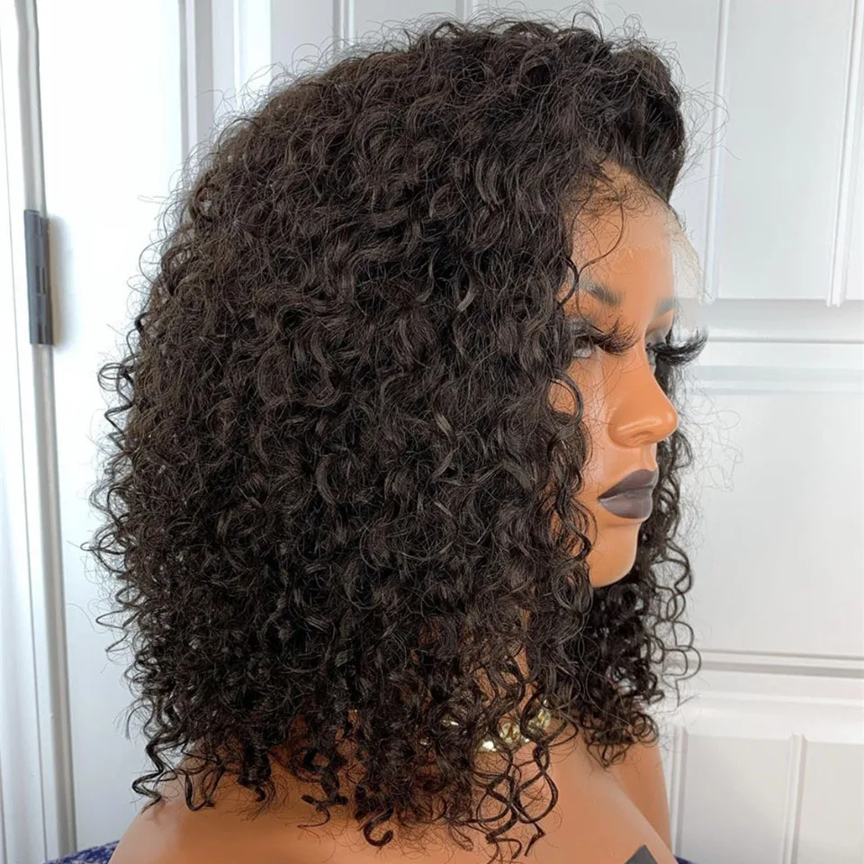

14Inch Short Natural Black Kinky Curly High Resistant Preplucked Lace Front Synthetic Wig For Women With Baby Hair 180%Density