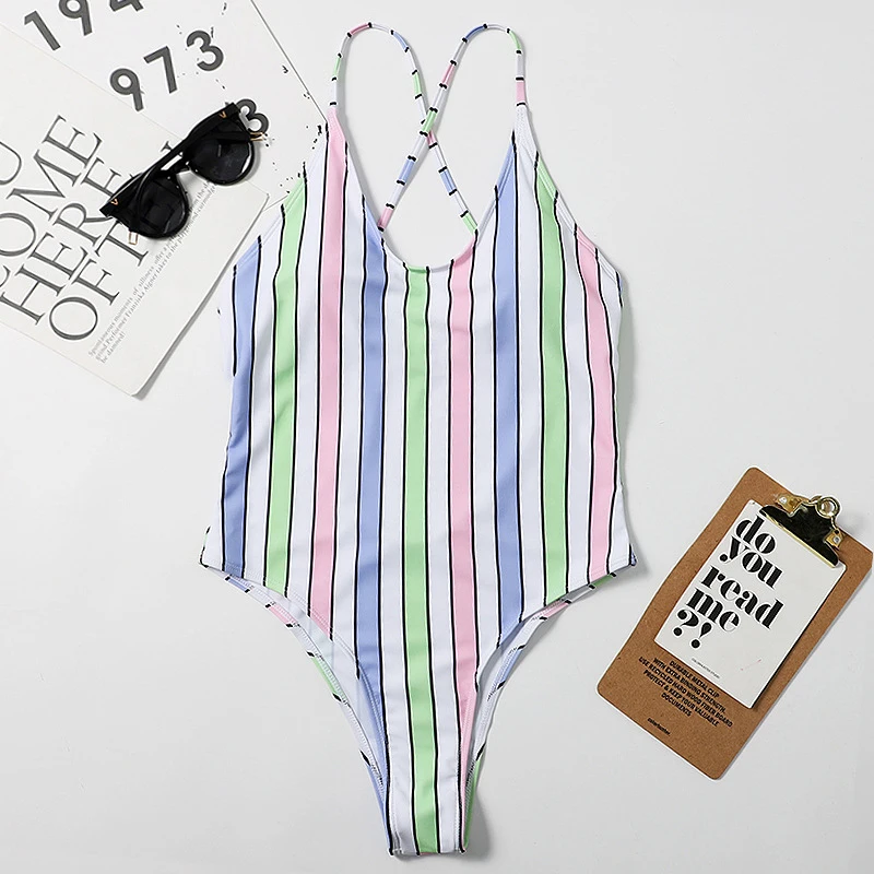 

Sexy Swimwear Women 2021 New Swimsuits Female One-piece Swimsuit Vertical Strip Printing With System Straps Baths Beachwear