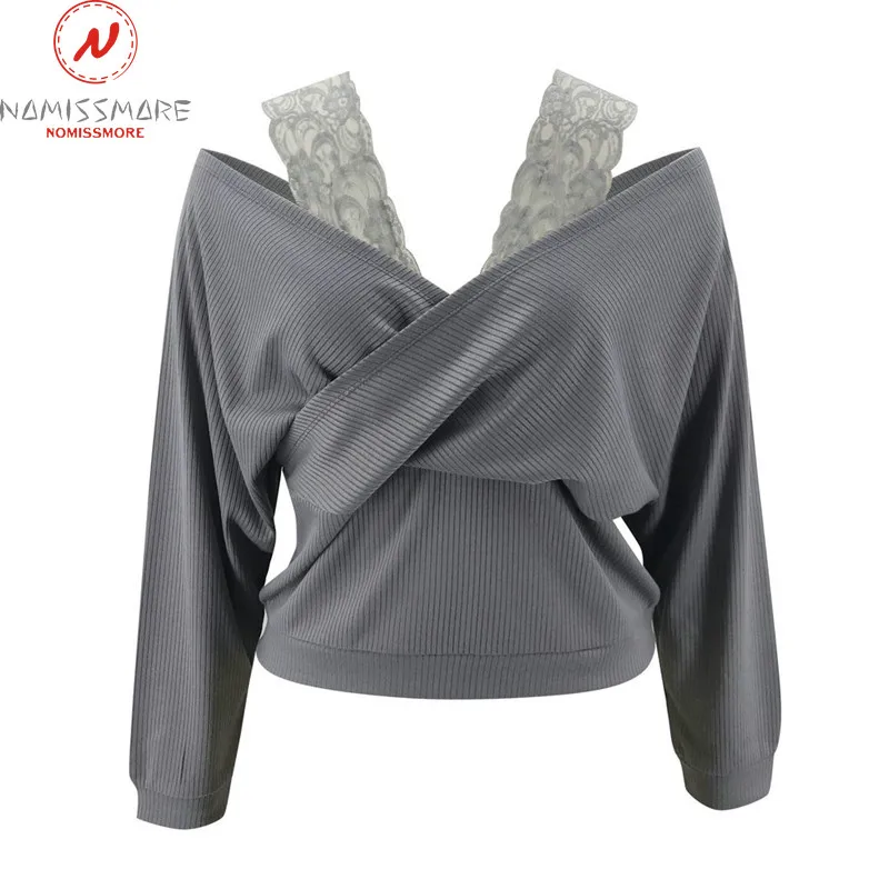 

Sexy Women Spring Autumn T-Shirts Patchwork Design Lace Decor Halter Long Sleeve Solid Color Casual Loose Pullovers Top
