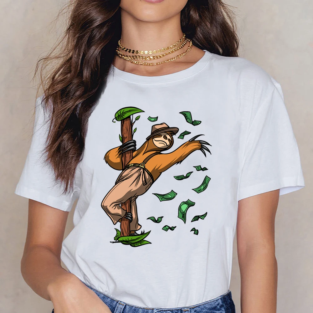Tops T Shirt Women Funny Sloth Pole Dancing Party O-Neck Vintage Print Female | Женская одежда
