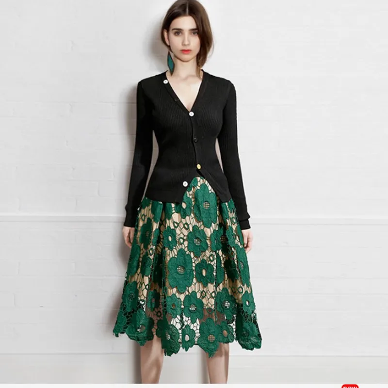 

Nice Pop Runway Coming European Style Lace A-line Skirts Women Casual Hollow Out Swing Skirt OL Streetwear Midi Long Skirts