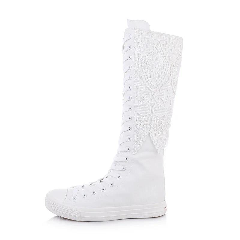

Autumn new high-rise canvas lace canvas boots side zipper front lace Fashion Girl's Canvas Boots Women Knee High Canvas Shoes