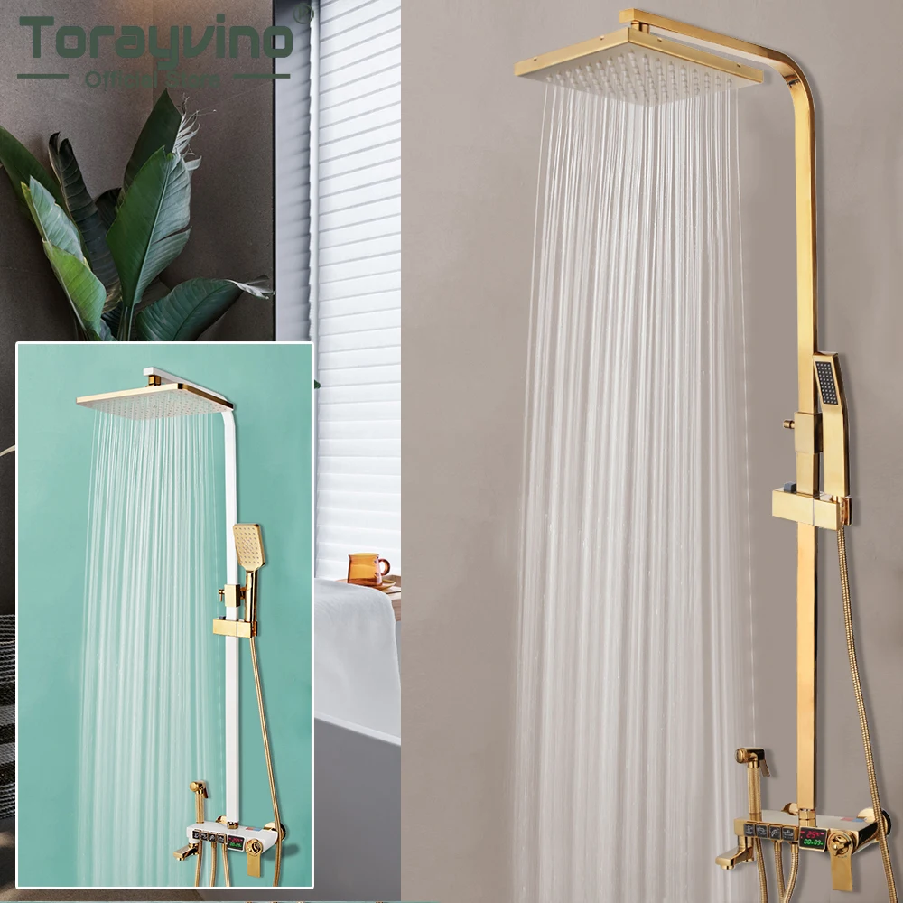 

Душевая система Torayvino для ванной комнаты, светодиодный цифровой душевой набор, настенное крепление, умный Термостатический смеситель для ванны, квадратная головка, дождевой кран для спа