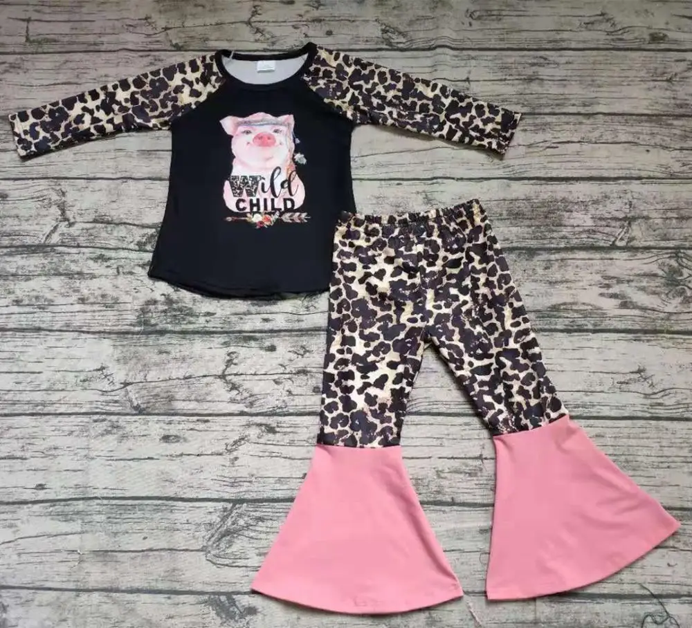 

Summer Spring Clothing Hot Sale RTS Kids Girls Long Sleeve Cheetah Top Bell Pants Outfit Wild Children Pig Cute Set