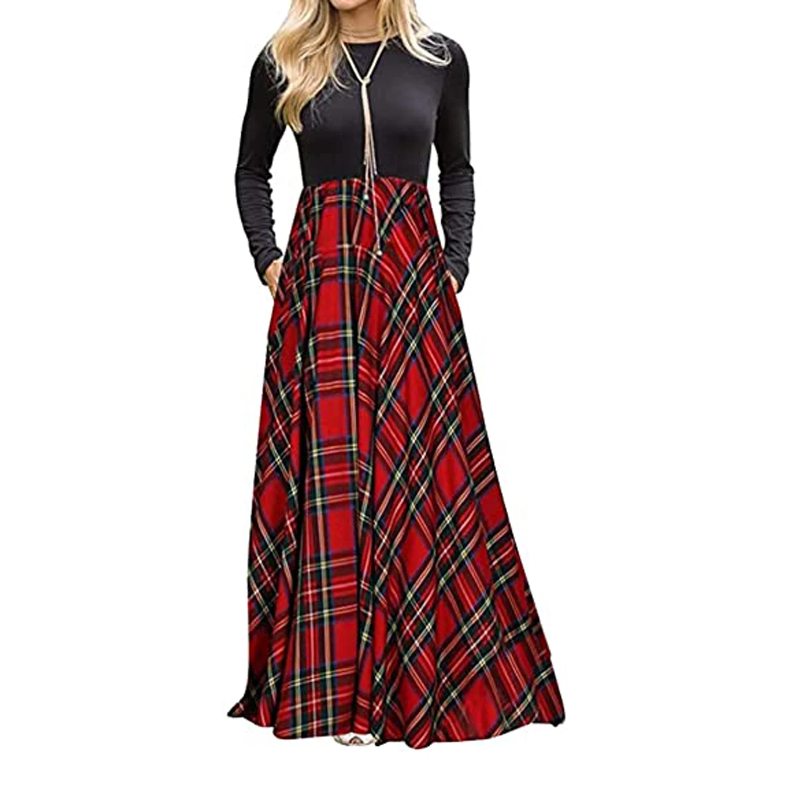 Женское платье с длинным рукавом и круглым вырезом однотонное из полиэстера