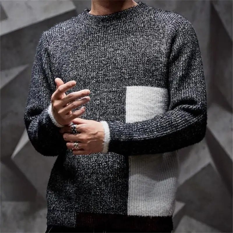 

Autumn new colors patchwork men pullover sweaters round collar fashion streetwear casual homme knitwear