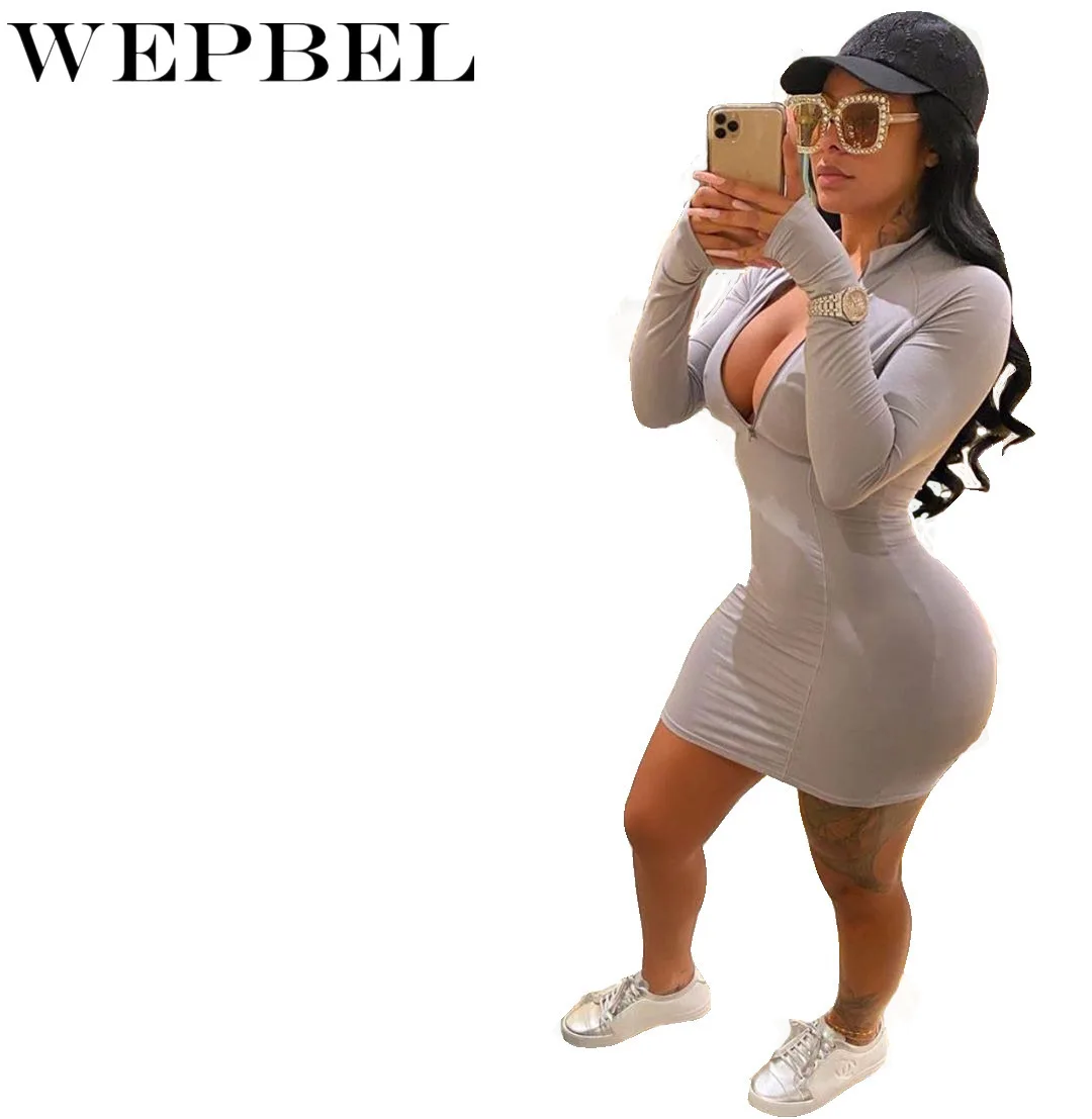 WEPBEL осеннее повседневное мини-платье с длинным рукавом и v-образным вырезом