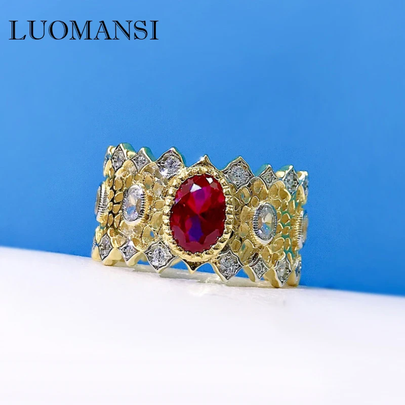

Винтажное кружевное кольцо с рубином Luomansi 5*7 мм, ювелирные изделия 100%-S925, супер-блестящее свадебное коктейвечерние ничное женское Подарочно...
