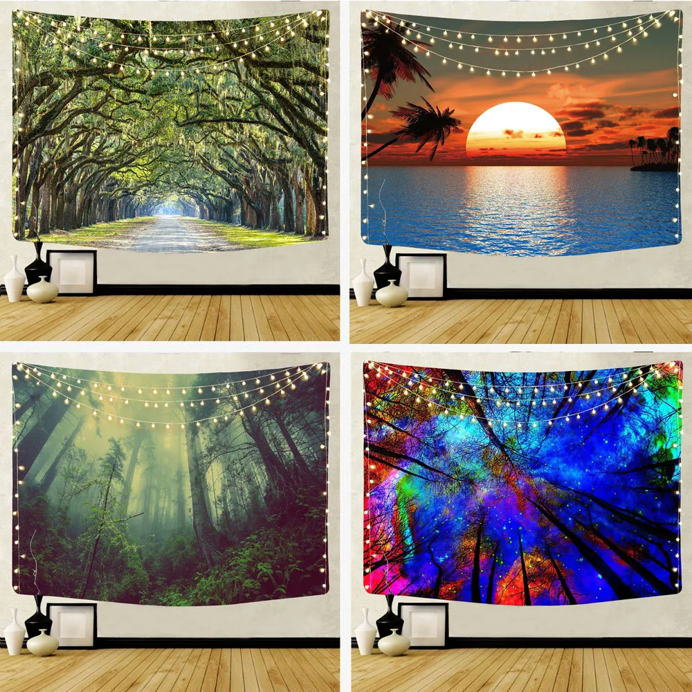 

Psychedelic Natural Forest Printed Wall Hanging Tapestry Beautiful Hippie Bohemian Aesthetic Tree Beach Mat Blanket Mural Decor