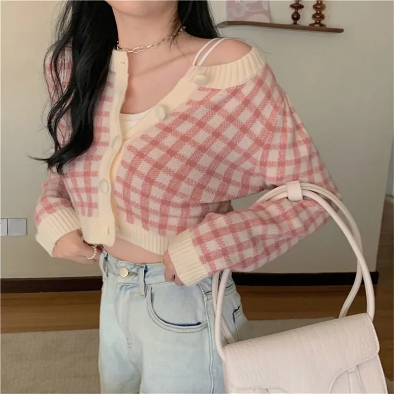 

Ins Korean Style Spring Plaid Cardigan Women Sweater Buttons Casual Cropped Knitted Sweaters Slim Fit Short Pull Femme Coat