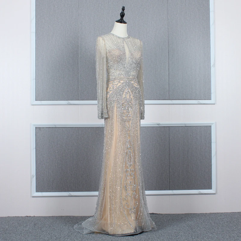 YY166 Churlya Wurfel long sleeve prom dresses beaded tassel o-neck zipper back straight evening gala dresses выпускные платья