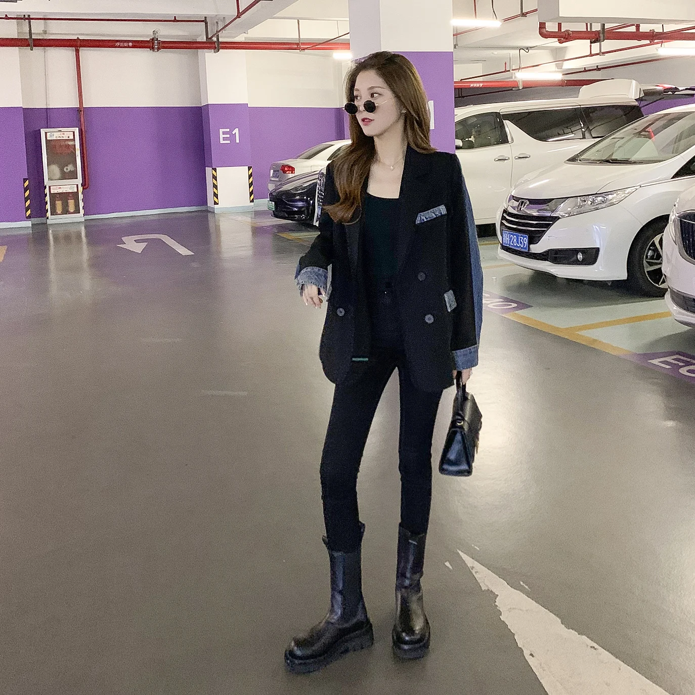 

Spring and autumn new retro denim stitching design sense net red small suit women loose mid-length temperament suit jacket