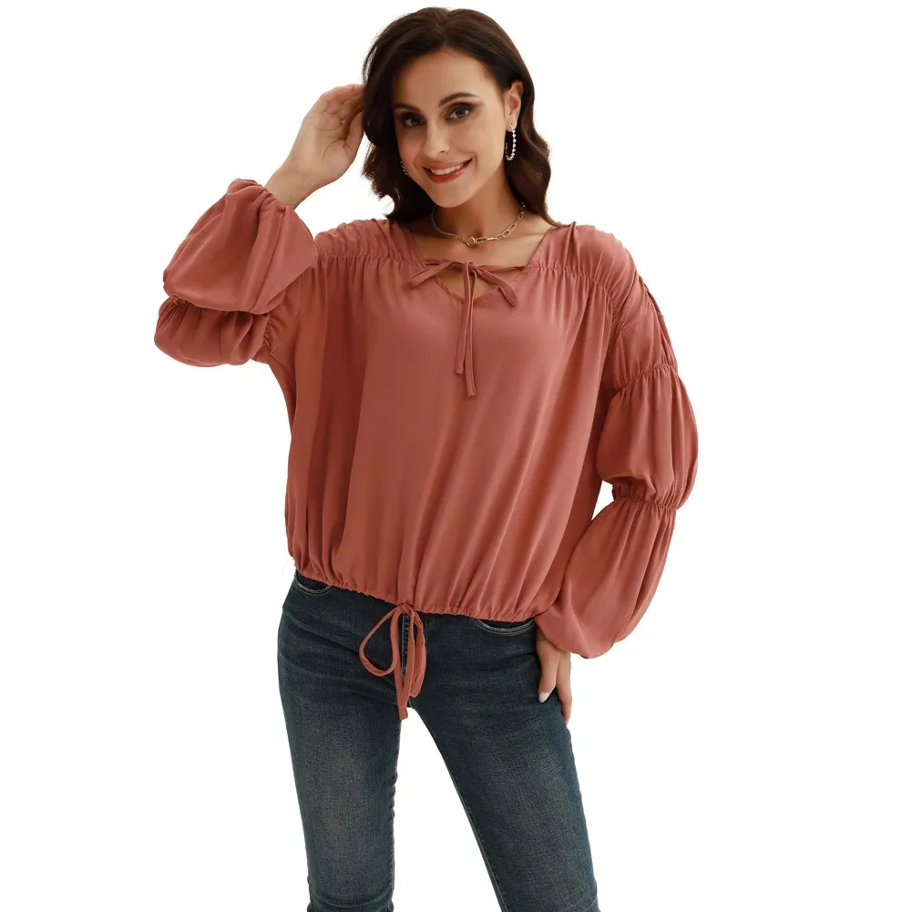 

Women Virago Sleeve Tops Loose V-Neck Drawstring Hem Blouses