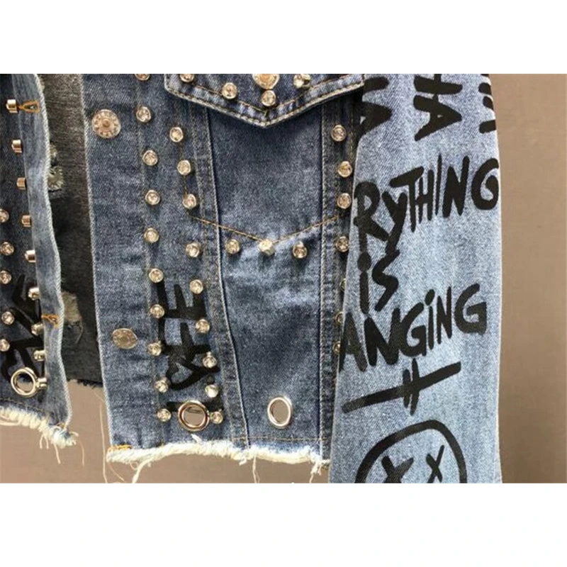 2021 Новая мода отбортовывые алмазные принт граффити короткий джинсовый дизайн