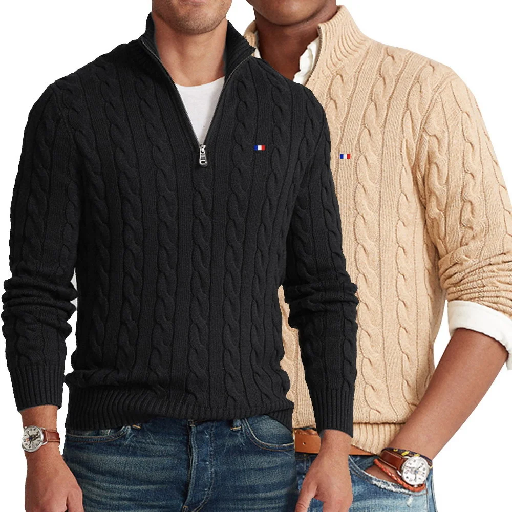 

High Quality 100% Cotton Brand Men's Autumn 2022 Cable Knit Sweaters With Zipper Mock Neck Zipper Pullovers Pull Homme RL8509