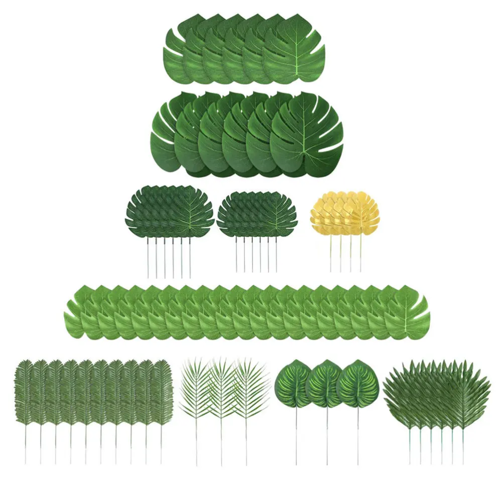 

70pcs Hawaiian Party Simulation Leaves 10 Kinds Artificial Palm Leaves Decor