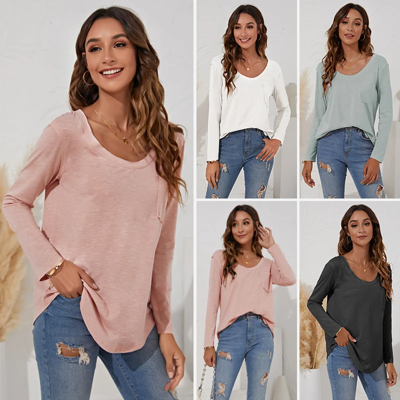 Solid Color Pocket Top Loose Pockets Curled Stitching Casual Long Sleeved T-shirt Streetwear Women Top Japanese Business Shirt