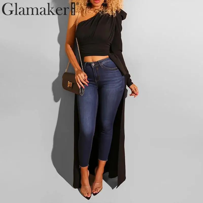 Женский укороченный топ на одно плечо Glamaker трикотажный Черный Асимметричный с