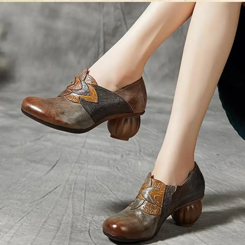 

YourSeason Women Vintage Round Heel Shoes 2020 Spring Autumn Slip On Sewing Genuine Leather Ladies Platform Heels Casual Shoes