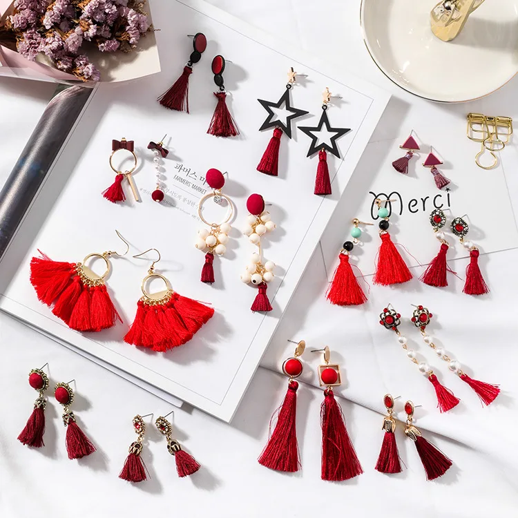 Японские и Южно корейские Оригинальные красные висячие серьги в национальном