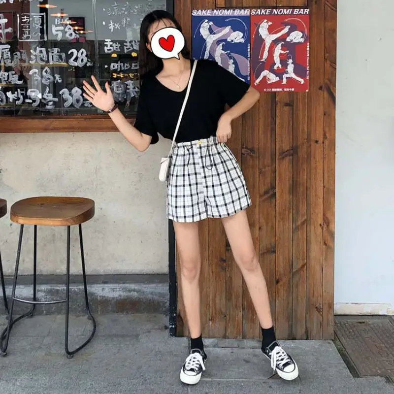 

Summer Women High Waist Plaid Shorts Elastic Loose Shorts Streetwears Female Fashion Shorts