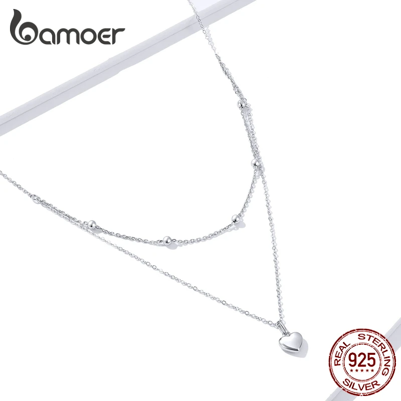 bamoer женское колье из серебра 925 пробы кулон в форме сердца с двойным цепью цепь на
