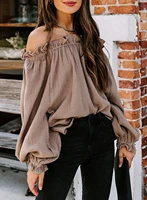 women coffee sexy off shoulder ruffle tops vintage 2021 new spring fall t shirts fashion solid slim tops lady casual tops tee