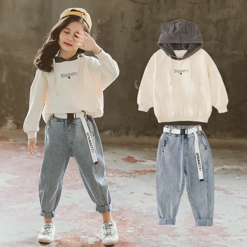 

FYH 2020 Kids Girls Clothes Set Hooded Sweatshirt + Denim Pants 10 12Y 2Pcs Suits Teenagers Tracksuits Children Clothing Set