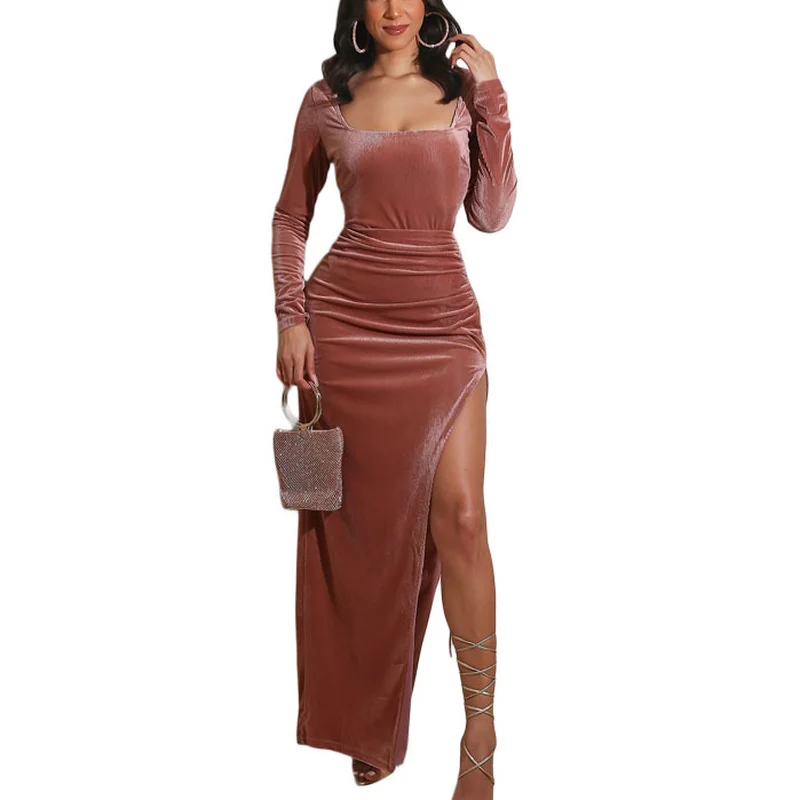

Elegant Women Outfits Square Sleeve Tight Long Maxi Evening Party Dresses Autumn Winter Split Velvet Dress Robe Oversize 2022