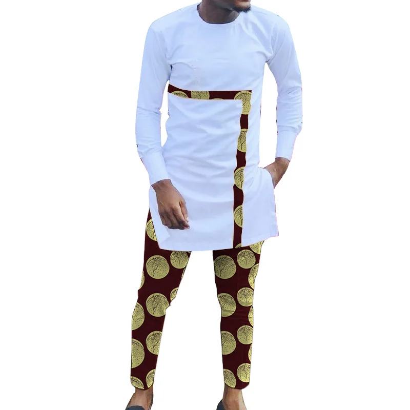 Белый лоскутный Топ дизайнерские мужские комплекты рубашка с брюками