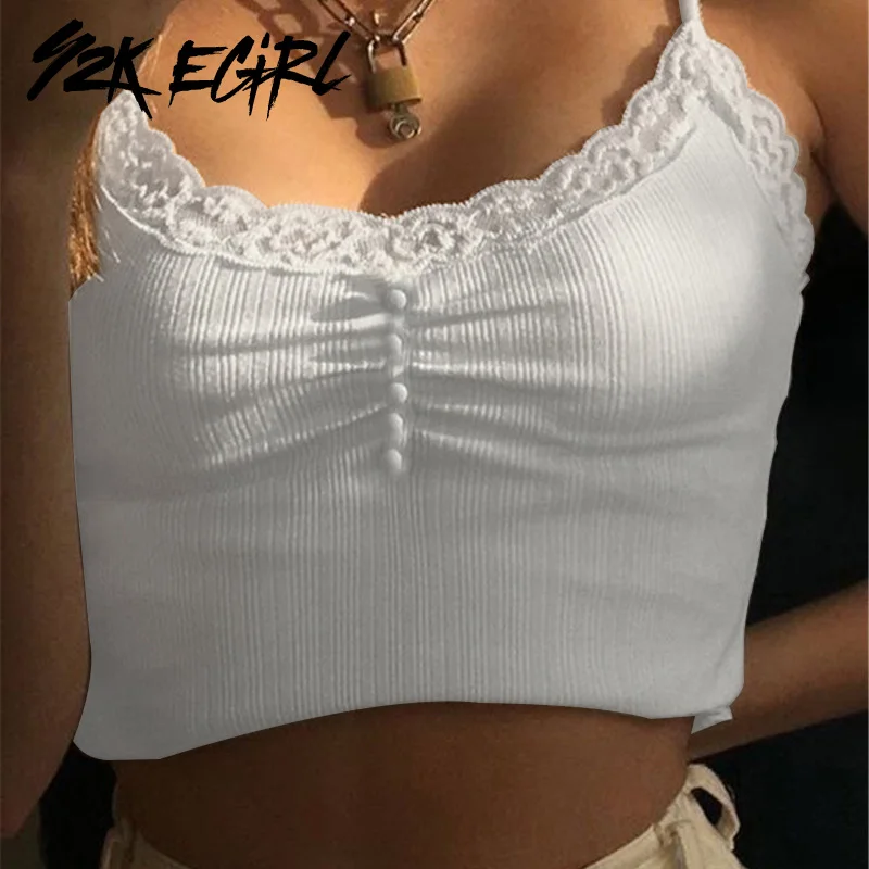 

Y2K EGIRL Cute Fashion Ruched Lace Trim Crop Top 2000s Aesthetics Backless Ribbed Spaghetti Strap White Cami Tops Y2K Vintage