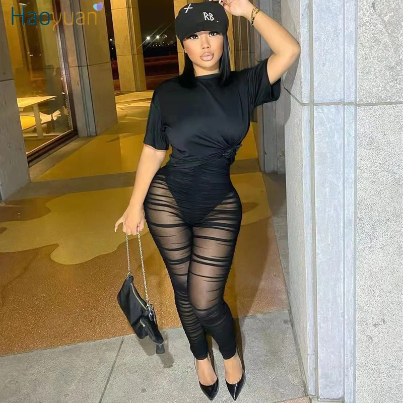 

Сексуальный комплект из двух предметов HAOYUAN, Клубная одежда, наряды на день рождения для женщин, черный топ с открытой спиной и сетчатые прозрачные брюки, подходящие комплекты