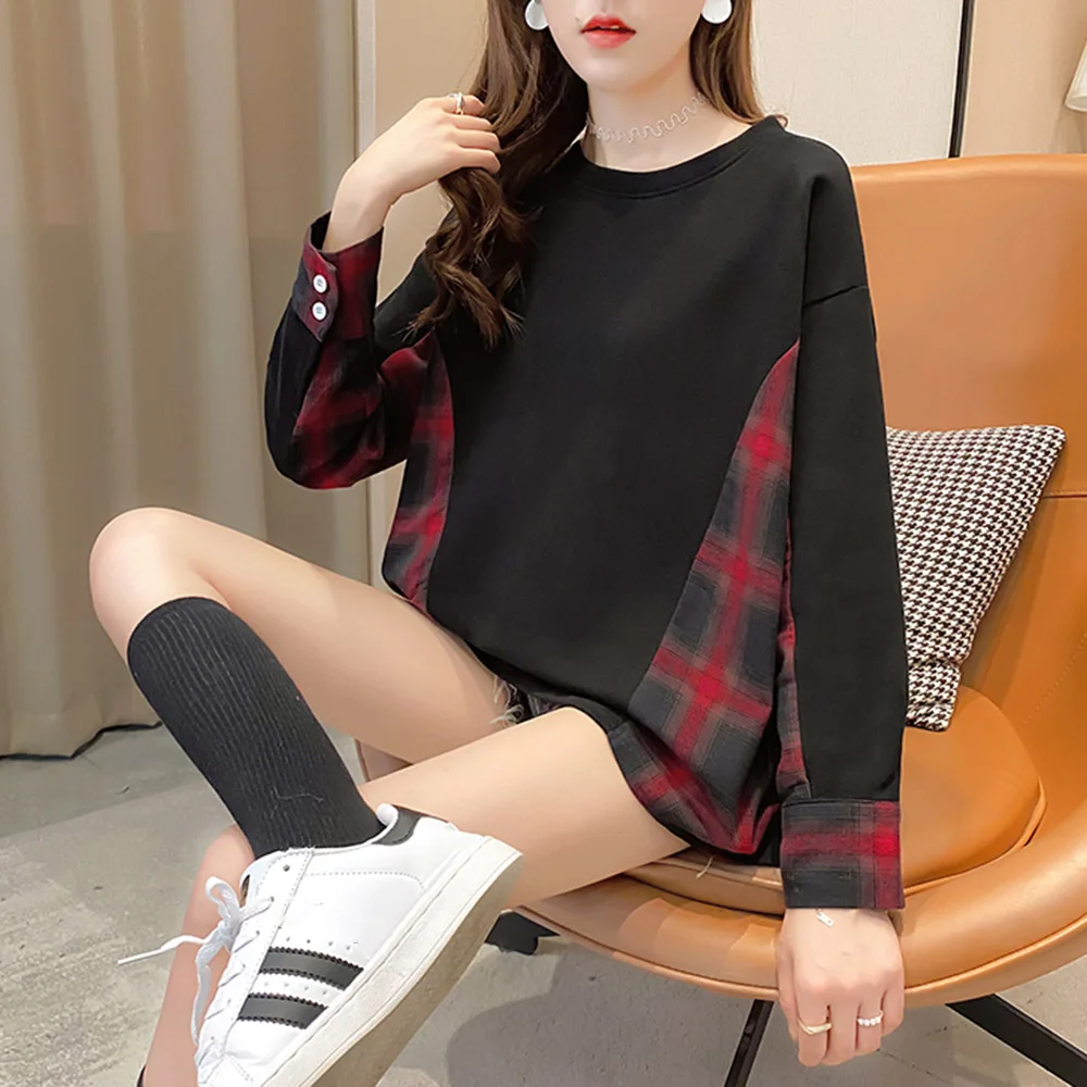 

Korean Version Japanese Hoodie Spring Autumn Fashion Loose Lattice Splicing Round Neck Long Sleeve Coat